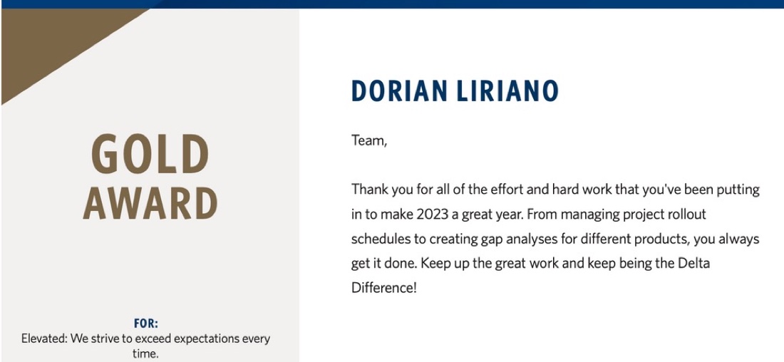 Delta Gold Award certificate, Elevated category, awarded to Dorian Liriano