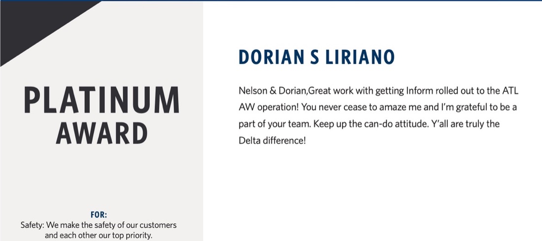 Delta Platinum Award certificate, Safety category, awarded to Dorian Liriano
