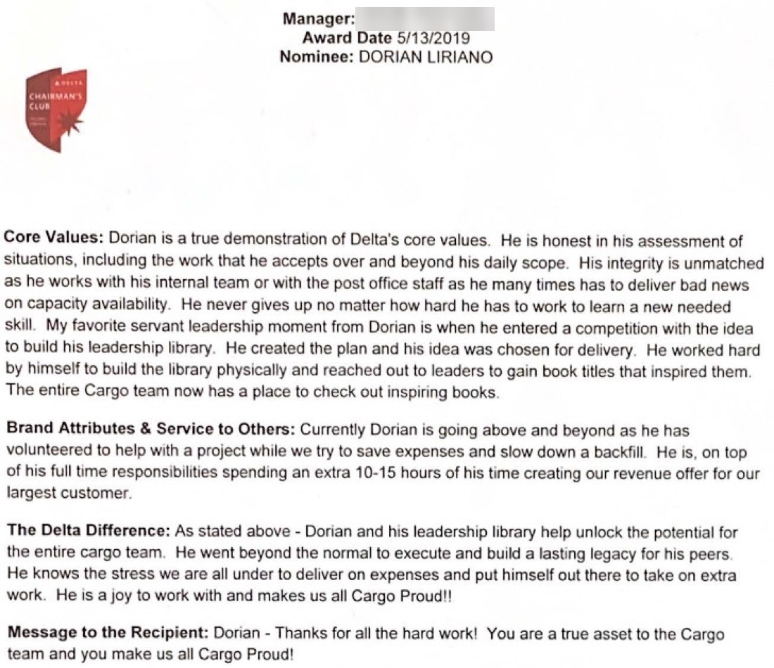 Delta Chairman's Club 2019 nomination for Dorian Liriano