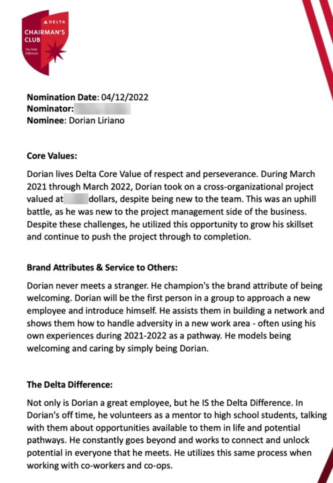 Delta Chairman's Club 2022 nomination for Dorian Liriano